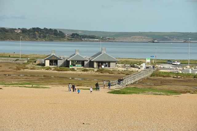26 10 15_7986.JPG - CHESIL BEACH VISITING CENTRE AND DISTANT WHITE HORSE - 26.10.15
